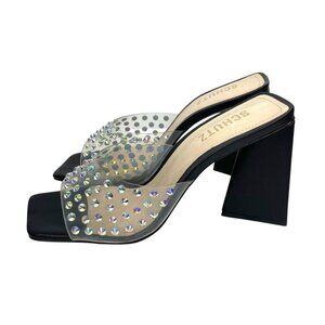 Schutz Heels Black Lizah Crystal Clear Slip On Sandals Block Heel 8 US NIB